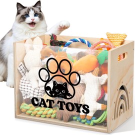Beeveer Large Cat Toy Basket Cat Toy Box Wooden Storage Bin with Acrylic Board Storage Box for Puppy Toys Pet Food and Accessories Organizer Holder Basket for Living Room Area(Wood, Cat)