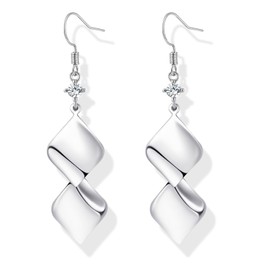 Elaximn 925 Sterling Silver Dangle Earrings for Women, Hypoallergenic Lightweight Silver Twisted Rhombus Drop Hook Earrings with Cubic Zirconia, Trendy Elegant Jewelry Gifts