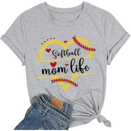Softball Mom Shirt for Women Softball Mom Life Letter Print Tee Novelty Heart Sports Top, Light Grey, M