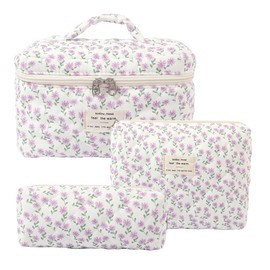 Aucuu 3PCS Coquette Makeup Bag, Quilted Makeup Bag for Women, Floral Cotton Cosmetic Bag Set, Large Capacity Aesthetic Floral Toiletry Bag, Travel Toiletry Bag, Wash Organizer Pouch for Women Girls