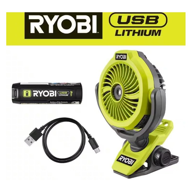 RYOBI USB Lithium Cordless Misting Clamp Fan Kit with USB
