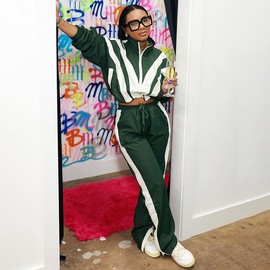 Mandonce 2 Piece Sets for Women Zip up Cropped Sweatshirt and Split Wide Leg Sweatpants Athleisure Sets for Women Green