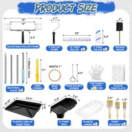 WILLBOND 35 Pcs Large Paint Roller Kit 1-5 ft Steel Extension Pole 6 Pcs 18"Paint Roller Sleeves and Roller Frame Paint Tray with Liners Foam Brush Paint Brushes Paint Kit (4 Inch)