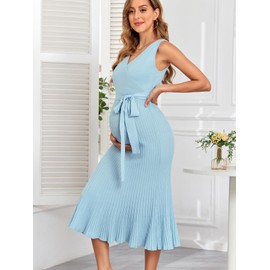 V FOR CITY Spring Maternity Dresses Women Knit Mid Summer Pregnancy Sweater Dress Photoshoot Outfit Light Blue-s Large
