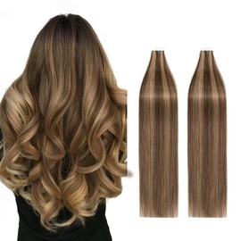 40pcs Hair Extensions Tape in Human Hair 18"-100g Balayage #04/27 Medium Brown&Dark Blonde Seamless Straight Skin Weft