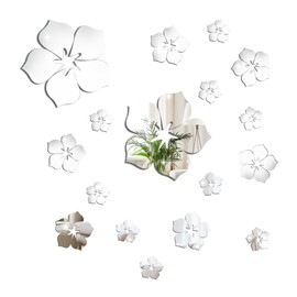 18 Pcs 3D Flower Mirror Wall Stickers, Acrylic Adhesive Removable Silver Wall Decor, Family Floral Art Mirror Decals Peel and Stick for Bathroom Home Living Room TV Background Sofa Backdrop Bedroom