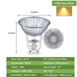 Rugfew GU10 Halogen Bulb 120V 50W Halogen Light Bulbs, GU10+C 110-130 Volt 50 Watt MR16 with Glass Cover, 2700K Warm White, Dimmable for Candle Warmer Lamp Wax Melt Lamp, Long Lasting Life, 2 Packs