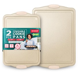 BAKKEN Kitchen Baking Pans - Medium (15.15 × 10.03") and Large (17.1 x 11.8") Nonstick Sheets, Carbon Steel Cookie Sheets with White Silicone Handle, PFOA, PFOS, PTFE Free, Oven Safe (450°F), Set of 2