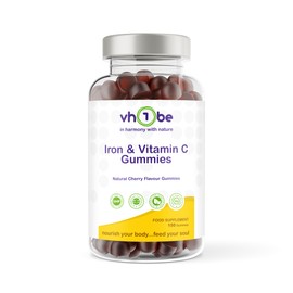 Iron Gummies with Vitamin C | for Teens & Aduts |High Strength Iron Supplement for Energy & Immunity | 150 Vegan Cherry Flavour Gummies | Gentle on Stomach | by vh1be