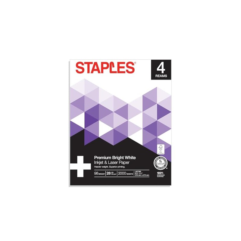 Staples Inkjet & Laser Paper, 8 1/2" x 11", Bright