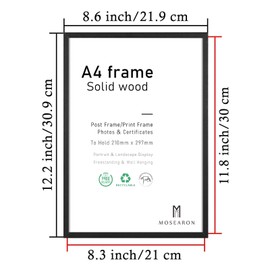 A4 Wood Photo Frame,4 Pack-21x30cm Black Wood Picture Frame,Certificate Frame for Wall Mount or Table Top Display,Set of 4