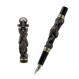 Jinhao Black Snake Fountain Pen Bent Nib Fude Pen with Skull Head Solid Metal