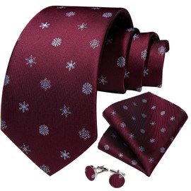 DiBanGu Mens Burgundy and White Christmas Snowflake Ties Festive Pattern Necktie Pocket Square Cuffliks Set Xmas Party Holiday Ties with Gift Box