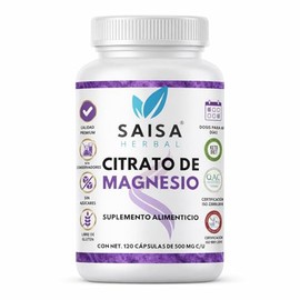 Citrato de Magnesio 500 mg | 120 Cápsulas | 100% Puro | Alta Absorción y Biodisponibilidad | Saisa Herbal | Apoyo Muscular, Energía y Sueño Natural