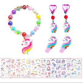 AIOSUY 15pcs Unicorn Girls Jewellery Set Bracelet Hair Clip Earrings Tattoo Stickers Party Favor Accessories for Girls, Plastic