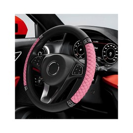 ZNDAW Bling Car Steering Wheel Cover, 15 Inch Sparkly Rhinestone Soft Leather Steering Wheel Protector, Non-Slip Universal Auto Elastic Steering Wheel Covers for Women Girls (Pink)