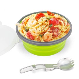 CCyanzi - Cuenco plegable de silicona para camping, 1200 ml, con tapa y cuchara plegable de acero inoxidable, para picnic, viajes, camping, caravana, nevera y microondas (redondo, verde)