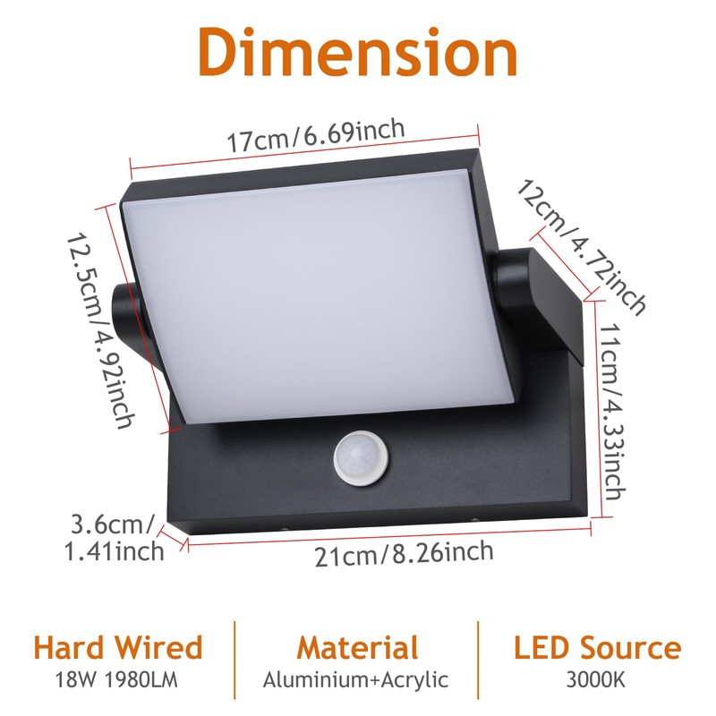 Angestlite Motion Sensor Outdoor Wall Light 18W IP65 350°Rotatable 3000K