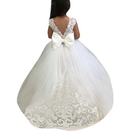Abaowedding Lace Embroidery Sheer V-Back Sleeveless Kids Trailing Gowns Size 4,White SL