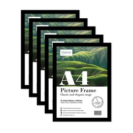 Almost Frameless A4 Black Picture Frame Set of 5, Display A4 Picture Gallery Wall, Poster, Photo, Artwork, or Print, Black