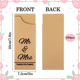 Klmnop 200 Pcs Mr & Mrs Wedding Silverware Bags, Kraft Paper Cutlery Sleeves for Engagement, Bridal Shower & Rehearsal Dinner, Utensil Holder Pockets for DIY Party Favors(Khaki)