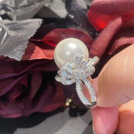 Natural Freshwater Pearl Pearl Bow Full Diamond-Cut Ring Rhinestone CZ Crystal Butterfly Tie Open Statement Ring Promise Engagement Rings Cubic Zircon Oxide Ring Wedding Ring Women Jewelry Rings
