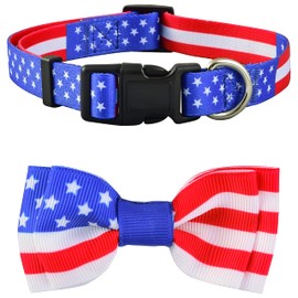 American Flag Dog Collar with Bowtie, 4th of July USA Large, Medium and Small Dogs (Large, American Flag)