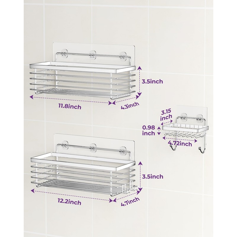 ODesign Shower Caddy 3 Pack SUS304 Stainless Steel-No Drilling-Shower Bathroom