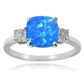 Sterling Silver Created Blue Opal and Cushion-Cut Ring, Size 7