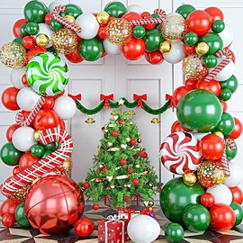 NEVKA Christmas Balloons Garland Arch Kit, 111 Pcs Christmas Foil Balloons, Red Green Christmas Balloons for Kids, Candy Windmill Crutch Gift for New Year Winter Holiday Party Decor