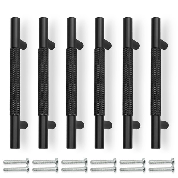 Bwintech 6-Pack Black 150 mm Knurred Cabinet Handles, 96 mm