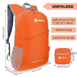 ZOMAKE Foldable Backpack Lightweight Rucksack 20L,Ultra Packable Small Backpacks Water Resistant for Travel Hiking Camping Walking Daypack Men Women(Orange)