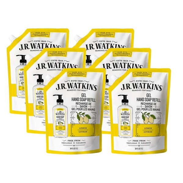 JR Watkins Gel Hand Soap Refill Pouch, Lemon, 6 Pack, Scented Liquid Hand Wash for Bathroom or  Kitchen, USA Made and Cruelty Free, 34 fl oz