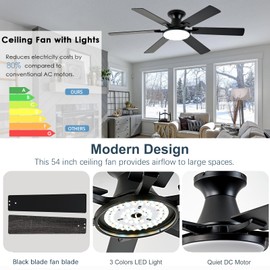 Ceiling Fans with Lights,54 Inch Low Profile Ceiling Fan with Light and Remote Control,6 Speeds/6 Blade,Flush Mount,LED Dimmable DC Reversible Modern, Black Ceiling Fan for Bedroom/Living Room