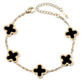 Ⅹ EMEEC Gold Plated Jewelry Bracelet for Women Van Cleef Non Tarnish Bracelet Leaf Clover Charm Flower Bracelet for Women Trendy (Black)