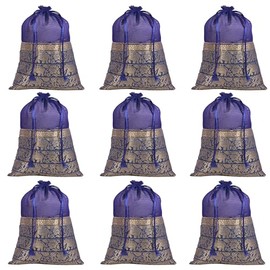 Touchstone Drawstring Bags Traditional Indian Handcrafted in Elephant Pattern Brocade fabric. Perfect for Gifts Jewelry Weddings Sweet Distribution Set of 9 Vibrant Blue Pouches Purses Potli