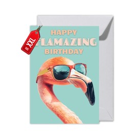 WBdesignz Geburtstag Karte mit Umschlag - Geburtstagskarte Happy Flamazing Birthday Flamingo mit Sonnenbrille Tiere Glückwunschkarte (XXL DIN A6, Flamingo)