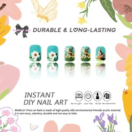 Easter Press on Nails Short Square MABKJLF Cute Fake Nails Blue False Nails with Designs Bunny Flower Full Cover Floral Glossy Glue on Nails Spring Stick on Nails for Women Girls 24 Pcs