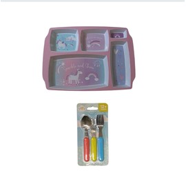 R.I Gift Express Toddler Kids Sparkle and Shine 5 Sections Food Plate Meal Dinner Tray Bundled with Tiny Steps Cutlery Set