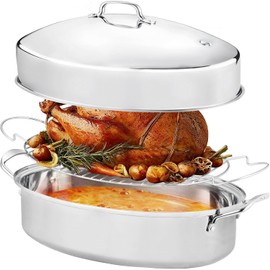 Roasting Pan With Rack and Lid,22INCH Oval Stainless Steel Turkey Roast Pan