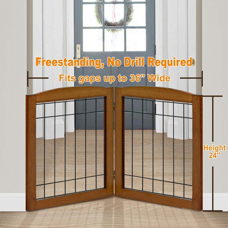 LZRS 2-Panel Freestanding Foldable Wood Dog Gate – Solid Wood