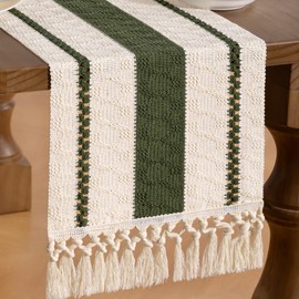 MLMW Boho Table Runner 90 inches Farmhouse Rustic Home Decor Olive Green Ivory Dining Table Centerpiece Macrame Woven Dresser Runner for Spring Living Room Dining Room Bedroom