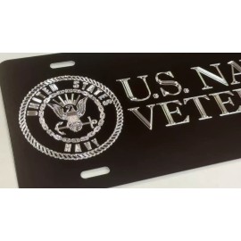 Diamond Etched Products US Navy USN Veteran Car Tag Diamond Etched Engraved Black Metal License Plate