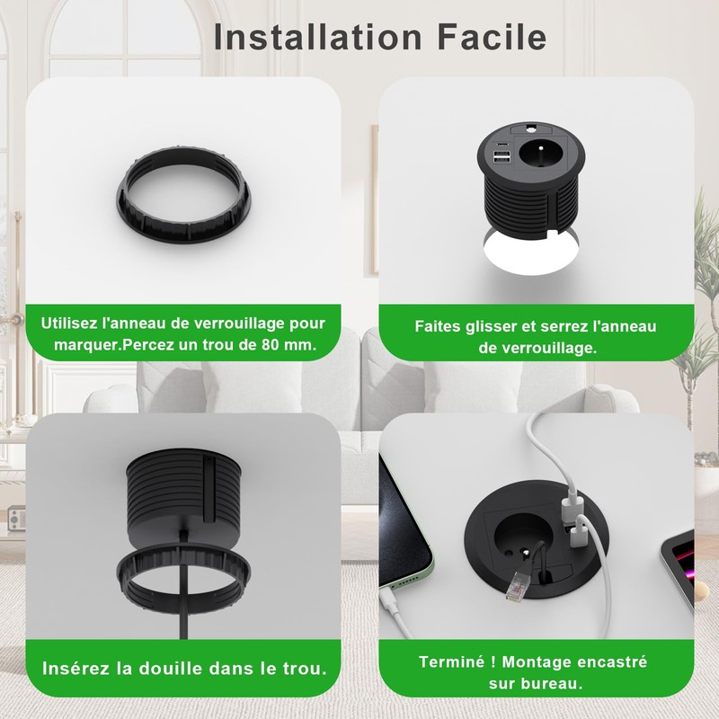 Dinolink Built-in Socket with USB C PD20W, Built-in Power Strip