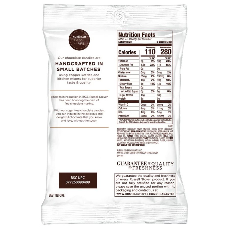 Russell Stover, Peanuts Caramel & Nougat Chocolate Candy Sugar Free,