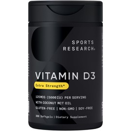 Sports Research Vitamin D3 5000 IU with Coconut MCT Oil - High Potency Vitamin D Supplement for Immune & Bone Support - Non-GMO Verified, Gluten & Soy Free – 125mcg, 360 Liquid Softgels