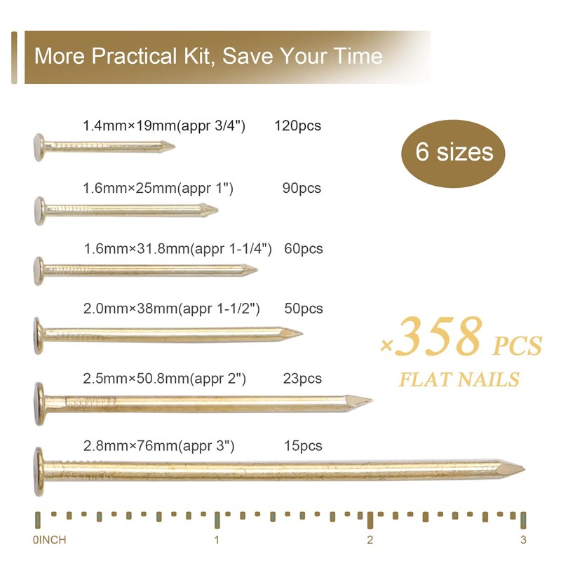 6 Sizes Gold Hardware Nails Assortment Kit, 358pcs, Brass Plated,