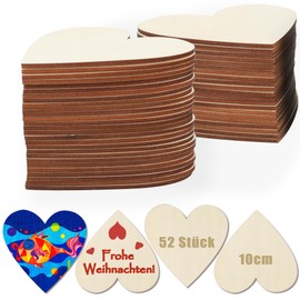 SOSMAR Pack of 52 Wooden Discs 10 cm for Crafts, Wooden Heart Wooden Board 2 mm Balsa Wood Multiplex Plate Wood for Pyrography, Painting, DIY Decoration Birthday, Wedding, Valentine's Day (Heart