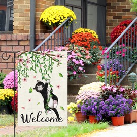 Louise Maelys Welcome Spring Cat Garden Flag 12x18 Double Sided, Burlap Small Black Cat Flower Floral Garden Yard Flags for Spring Summer Outside Outdoor House Decoration (Only Flag)