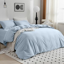 JELLYMONI Light Blue Duvet Cover Queen Size - 100% Washed Cotton Linen Feel Textured Comforter Cover, 3 Pieces Breathable Soft Bedding Set with Zipper Closure (Light Blue, Queen 90"x90")